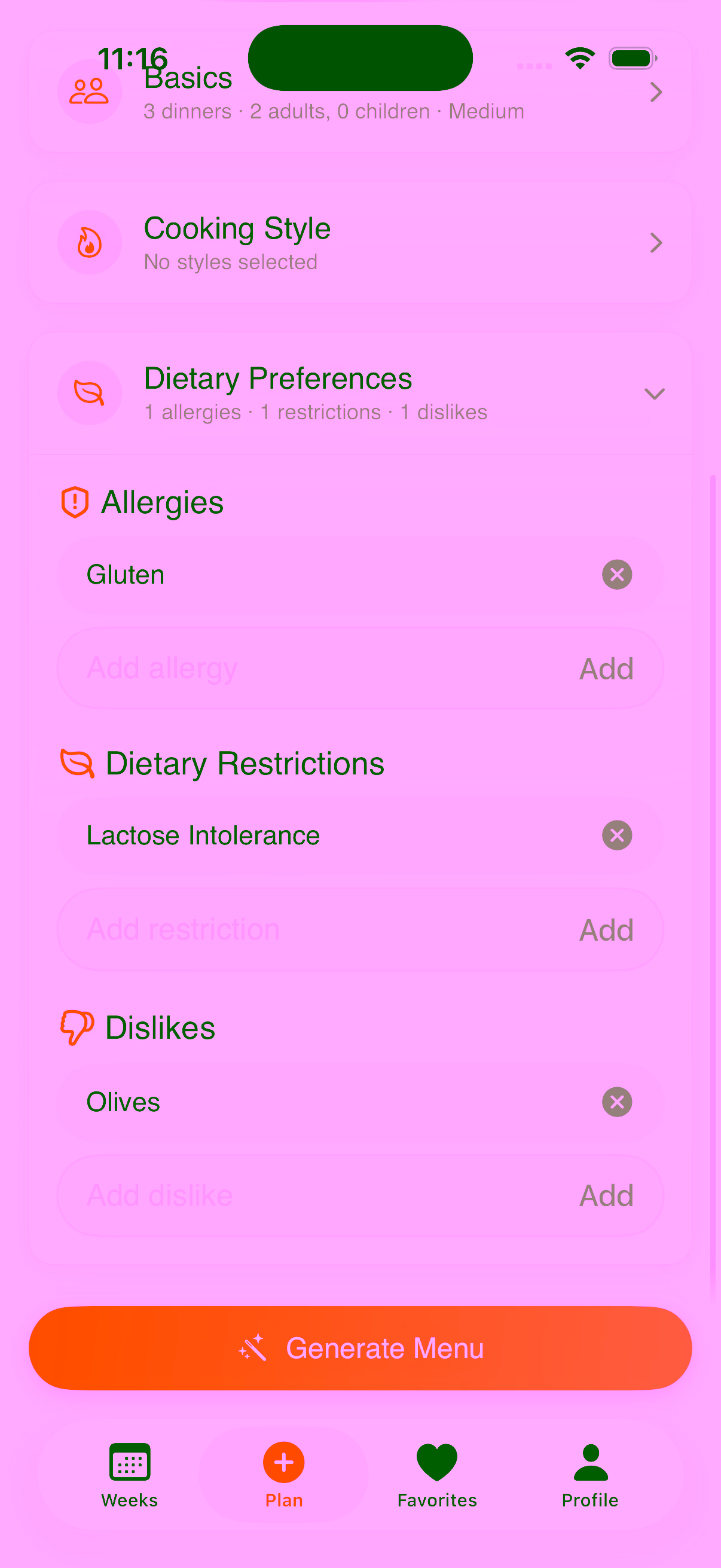 Dietary preferences and allergy settings