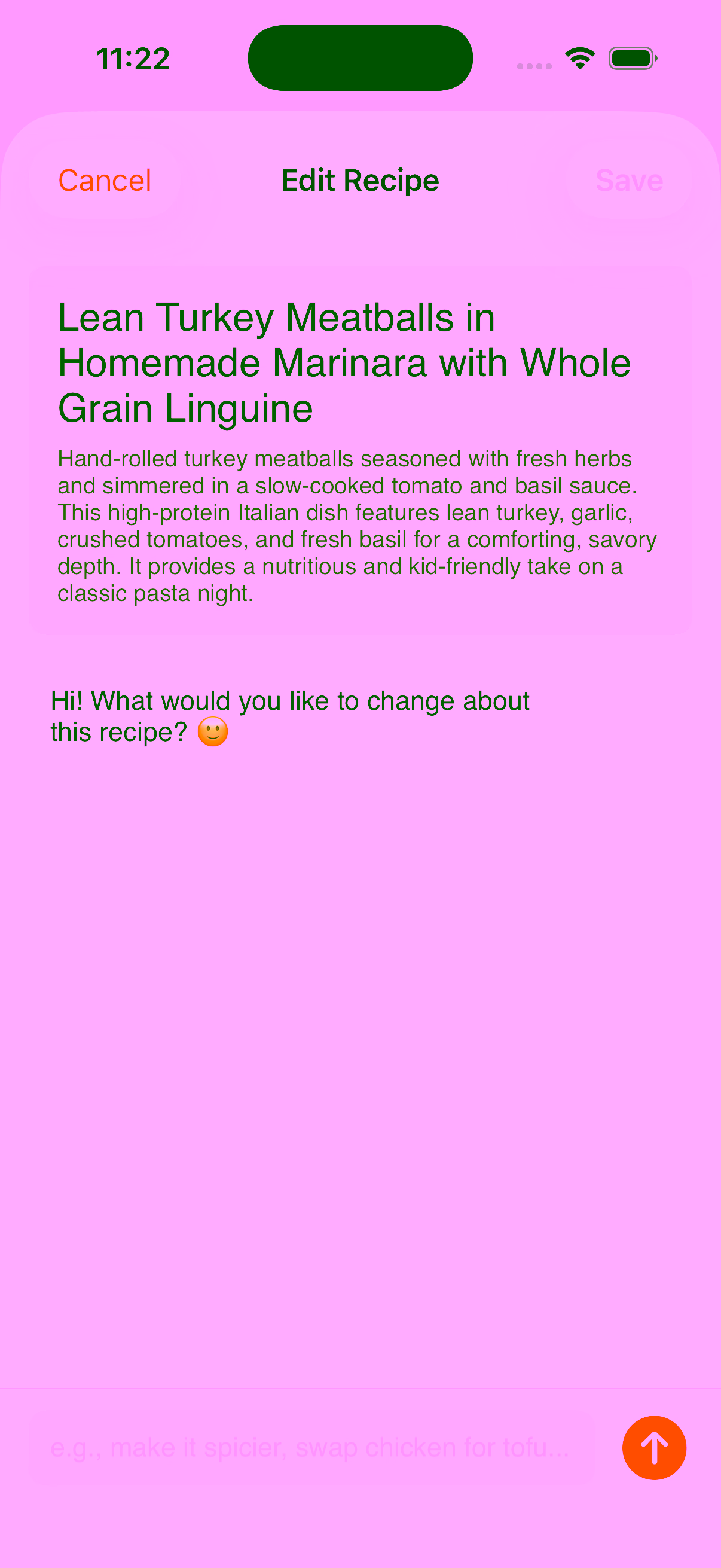 Chat interface for AI recipe editing